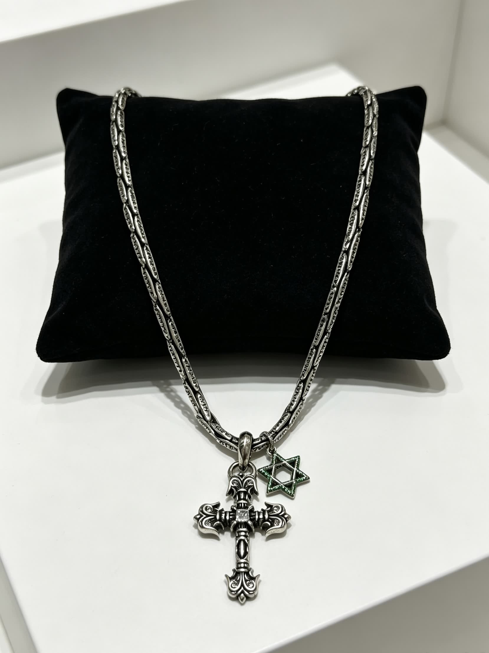 Chrome Hearts Silver Cross and Star of David Pendant Necklace
